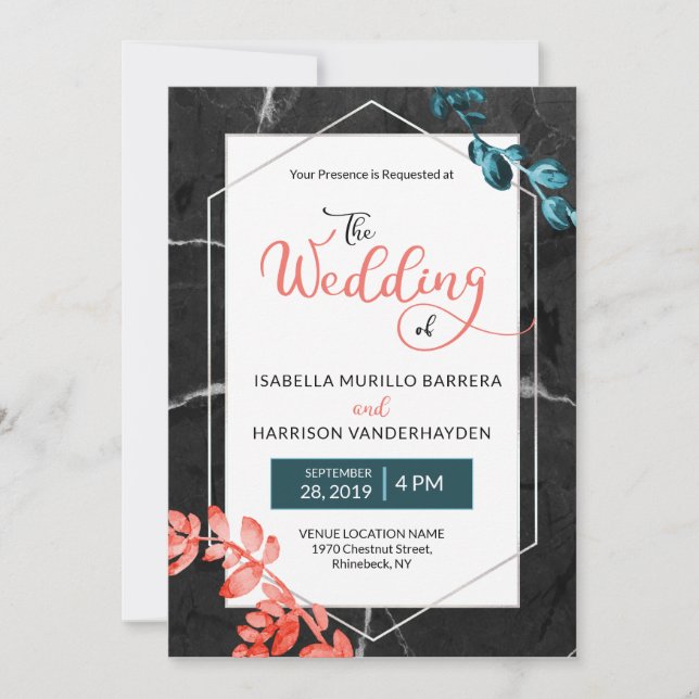 Invitation 2019 Corail Turquoise Botanique Noir Mariage (Devant)