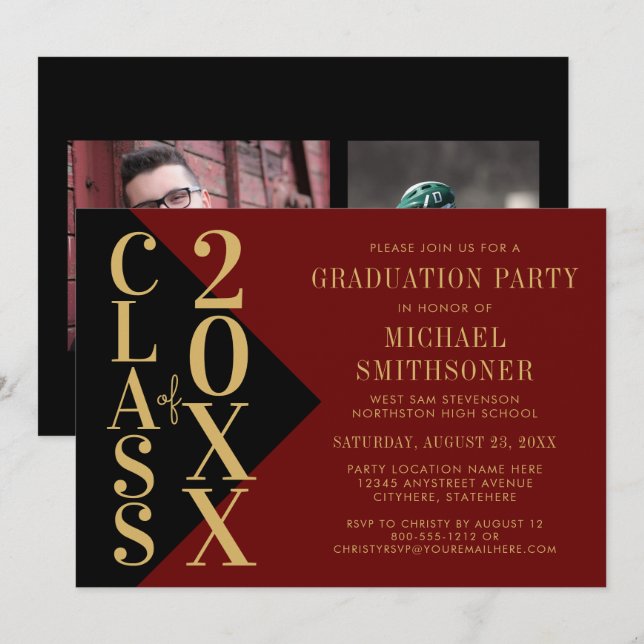 Invitation 2023 Diplômé Noir Rouge Moderne Éditable Couleur (Devant / Derrière)