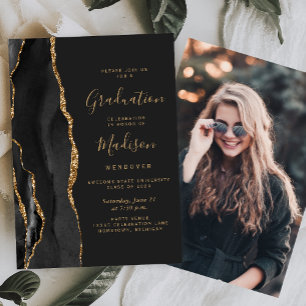 Invitation 2024 Black Gold Agate Photo Dark Graduation