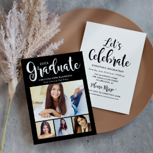 Invitation 2024 Graduate Black Script Photo Collage Party