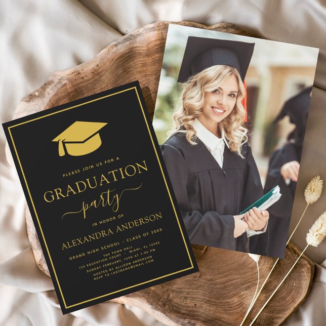 Invitation 2024 Graduation Party Black Gold Photo Inv (Créateur téléchargé)