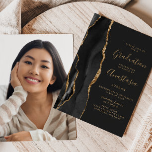 Invitation 2025 Black Gold Agate Photo Dark Graduation