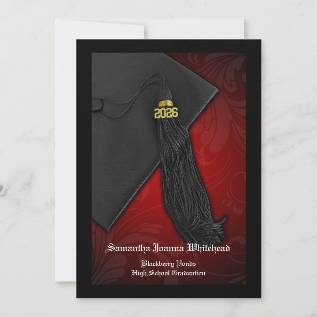 Invitation 2025 Charme noir et rouge Tassel 5x7 Graduation (Devant)