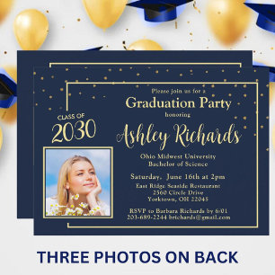 Invitation 2025 Elégante Photo Blue Gold Graduation Party