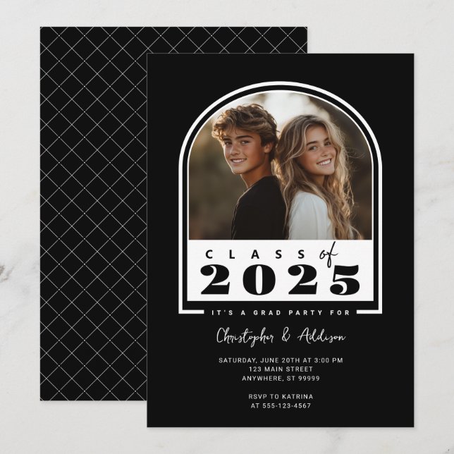 Invitation 2025 Modern Black Double Graduate Party (Devant / Derrière)