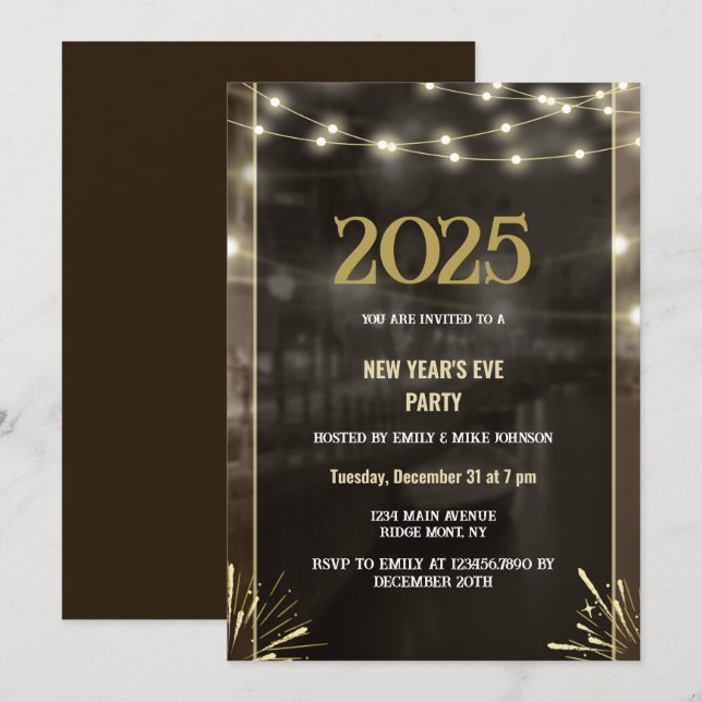 Invitation 2025 Nouvel An Noir Or Moderne Personnalisé Année  (Devant / Derrière)