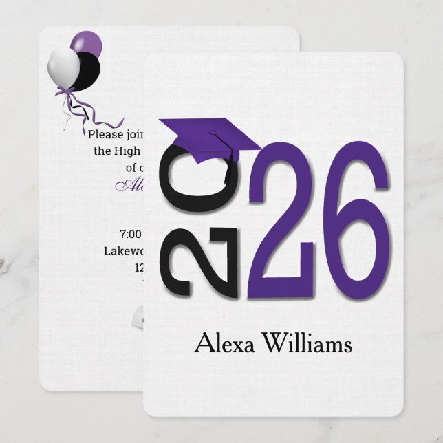 Invitation 2025 Purple and Black Graduation Party (Devant / Derrière)