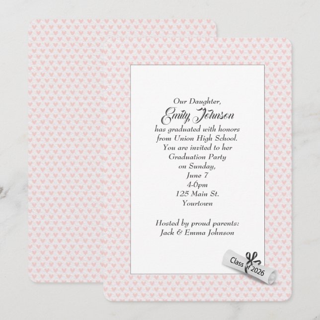 Invitation 2026 Graduation Diploma on Pink Hearts   (Devant / Derrière)