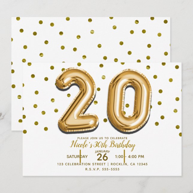 Invitation 20 Gold Balloons & Confetti 20e fête d'anniversair (Devant / Derrière)