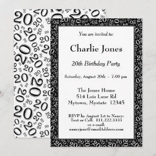 Invitation 20 - Random Number Motif Black/White 20th Event