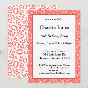 Invitation 20 - Random Number Motif Coral/White 20th Event