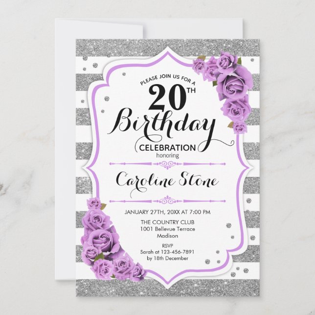 Invitation 20e anniversaire - Argent blanc rayures Roses viol (Devant)