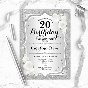 Invitation 20e anniversaire - Argent rayures Roses blanches