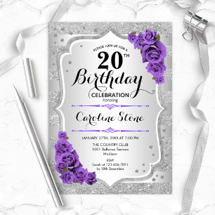 Invitation 20e anniversaire - Argent Stripes Roses violets