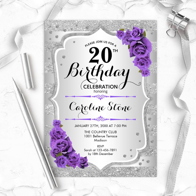 Invitation 20e anniversaire - Argent Stripes Roses violets (Créateur téléchargé)