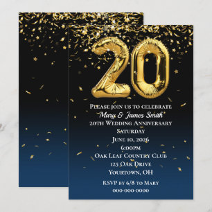 Invitation 20e Anniversaire Ballons d'or et Confetti Invita