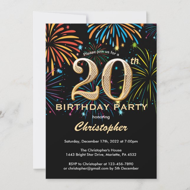 Invitation 20e anniversaire Black and Gold Rainbow Fireworks (Devant)