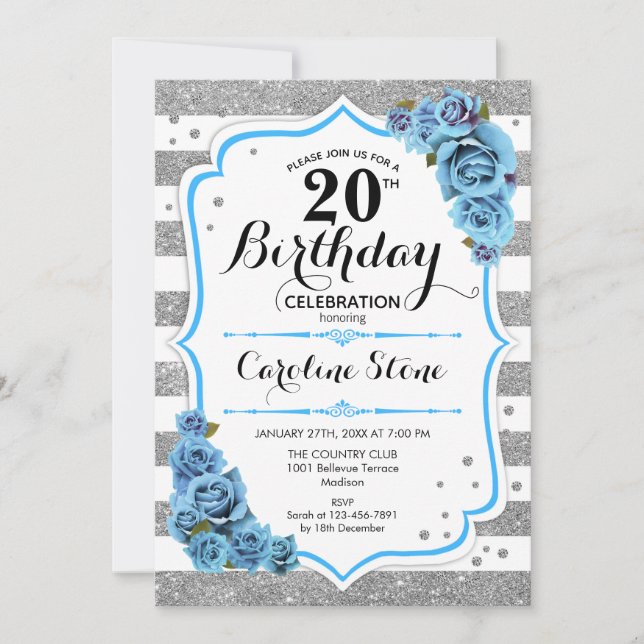 Invitation 20e anniversaire - Bleu Silver White Stripes (Devant)