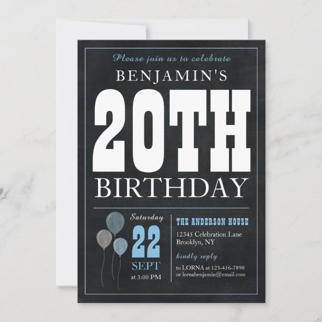 Invitation 20e anniversaire Chalkboard Blue Balloon Rustic Ch (Devant)