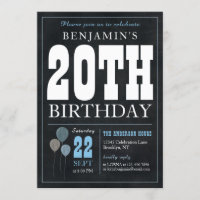 20e anniversaire Chalkboard Blue Balloon Rustic Ch