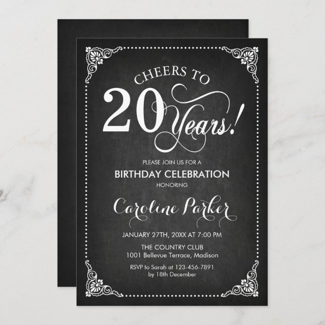 Invitation 20e anniversaire - Chalkboard White (Devant / Derrière)