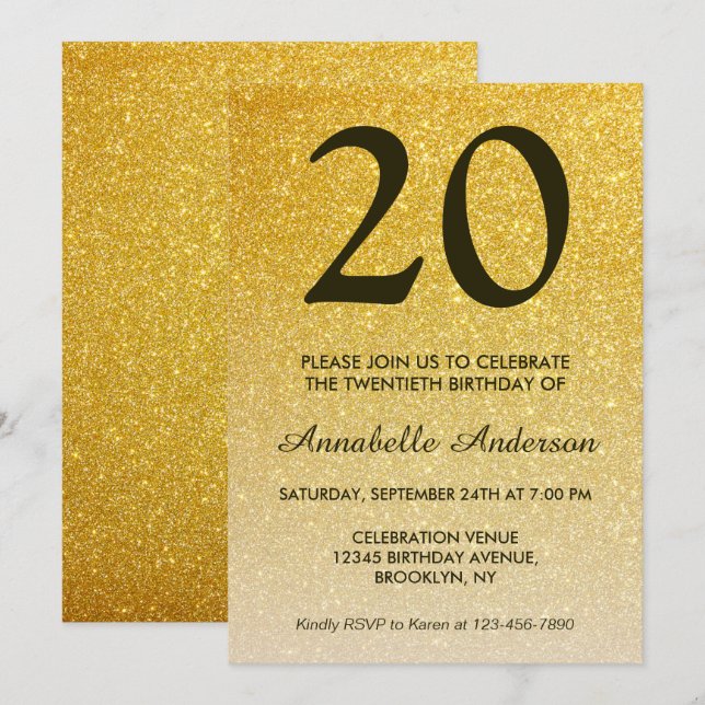 Invitation 20e anniversaire Classic Black Gold Parties scinti (Devant / Derrière)