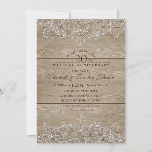 Invitation 20e Anniversaire de Mariage Bois Rustique Dentelle (Devant)