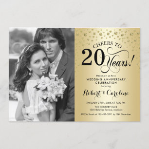 Invitation 20e anniversaire de mariage en or avec photo
