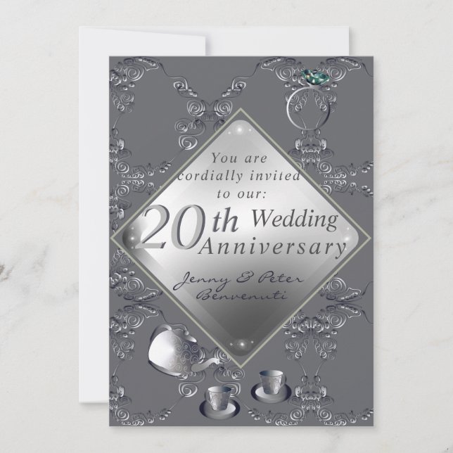 Invitation 20e anniversaire de mariage Platine Émeraude (Devant)