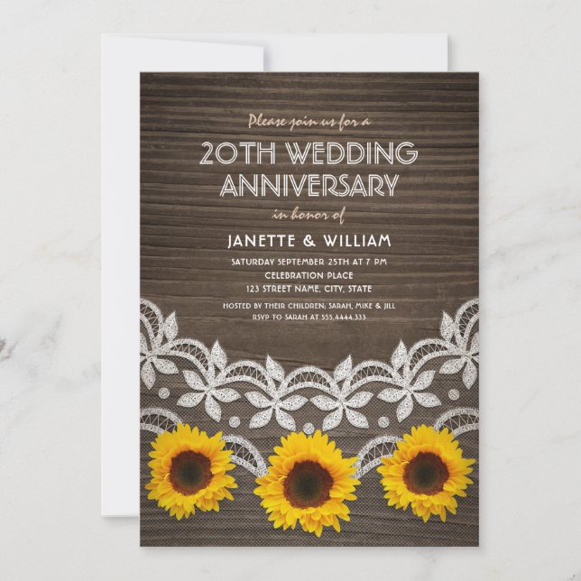 Invitation 20e Anniversaire de Mariage Rustique Tournesols De (Devant)