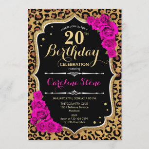 Invitation 20e anniversaire - Empreinte de léopard Roses rose