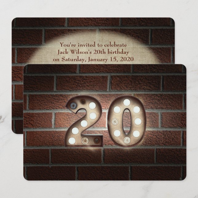 Invitation 20e anniversaire Fête-marquee lumières sur brique (Devant / Derrière)