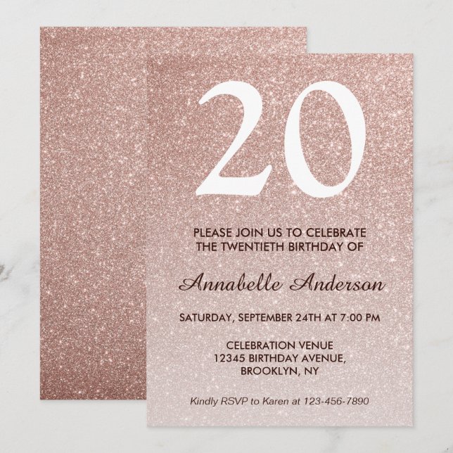 Invitation 20e anniversaire Glam Rose Rose Gold Parties scint (Devant / Derrière)