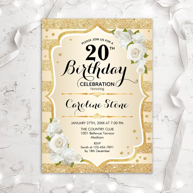 Invitation 20e anniversaire - Gold Stripes Roses blanches (Créateur téléchargé)