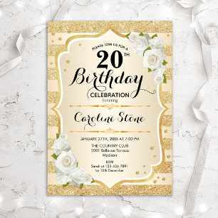 Invitation 20e anniversaire - Gold Stripes Roses blanches