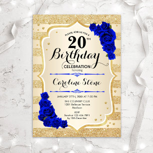 Invitation 20e anniversaire - Gold Stripes Royal Blue Roses