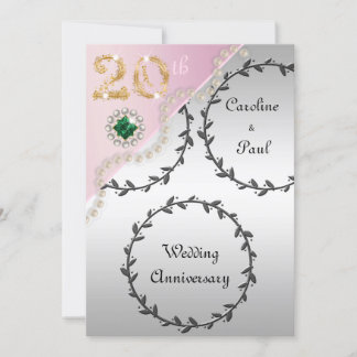 Invitation 20e anniversaire Mariage Embossed Silver Rose or