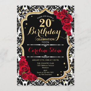 Invitation 20e anniversaire - Noir Damas Or Roses rouges
