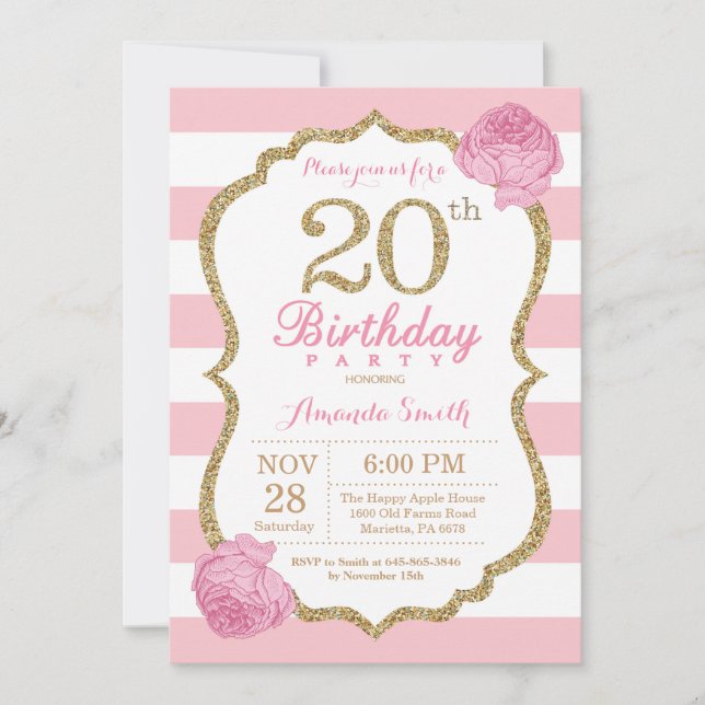 Invitation 20e anniversaire rose et or Floral (Devant)