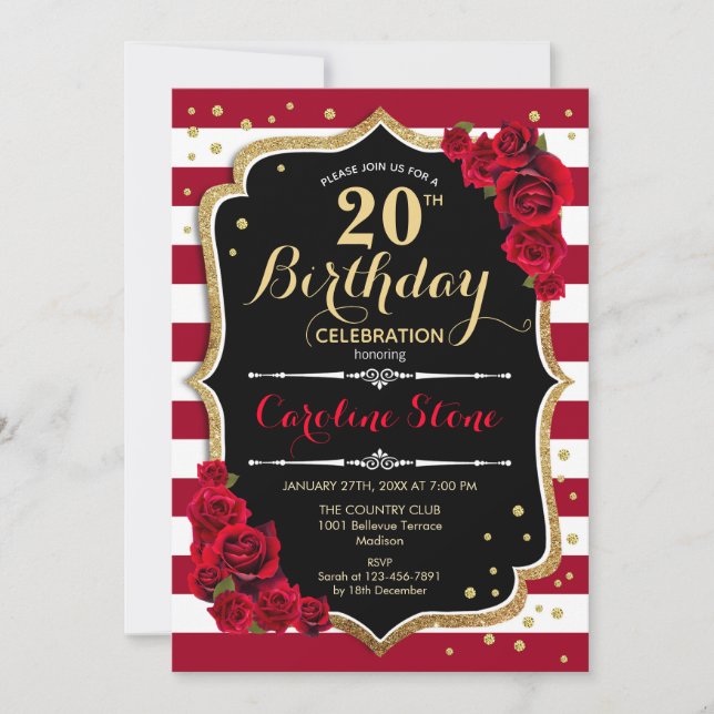 Invitation 20e anniversaire - Rouge or noir blanc rayures Ros (Devant)