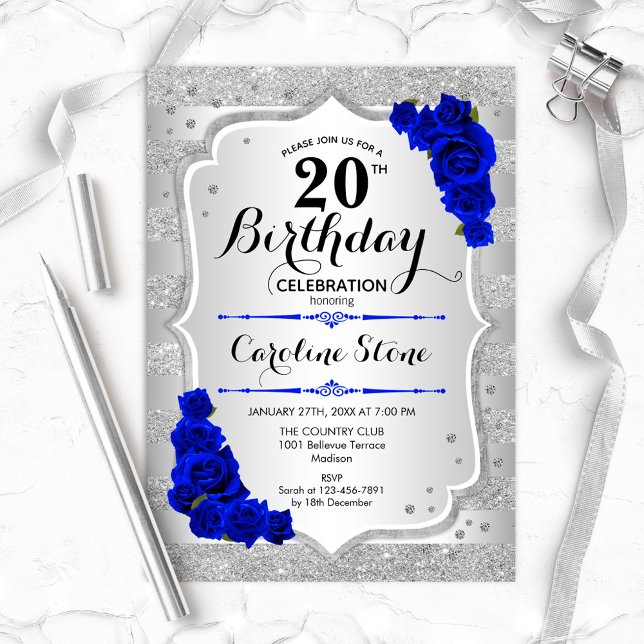 Invitation 20e anniversaire - Silver Stripes Royal Blue Roses (Créateur téléchargé)