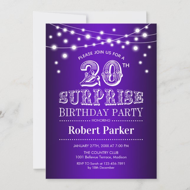 Invitation 20e anniversaire surprenant - blanc pourpre (Devant)