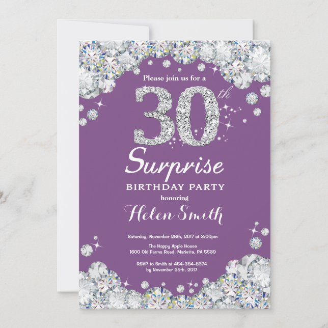 Invitation 20e anniversaire surprise Diamant mauve et argent (Devant)