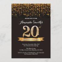 20ème Noir d'invitation d'anniversaire et parties