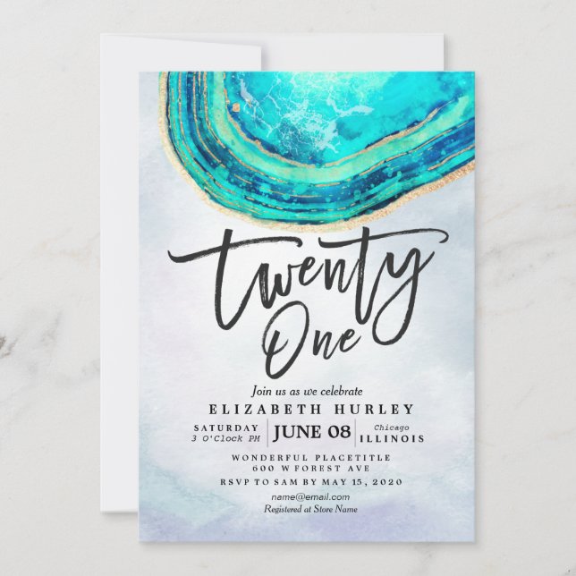 Invitation 21 Anniversaire de fête Turquoise Gold Agate Geode (Devant)