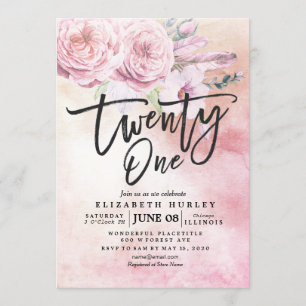 Invitation 21 Anniversaire Fleur Boho Fleurs Plumes