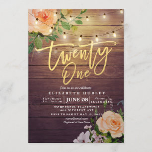 Invitation 21 Anniversaire Fleurs de bois rustique Chaîne Lum