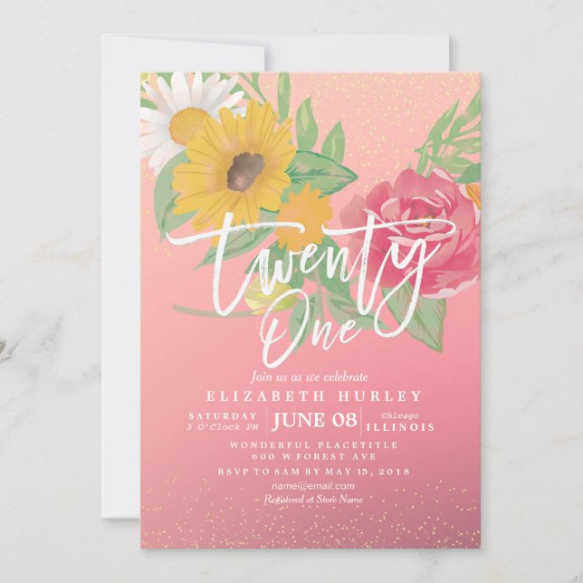Invitation 21 Anniversaire Fleurs roses modernes Parties scin (Devant)
