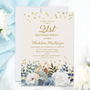 Invitation 21 ans Fleurs Bleu Poussiéreux Blanc Or