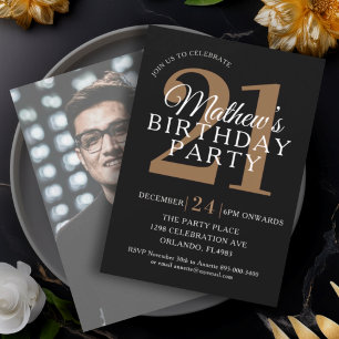 Invitation 21 ans photo moderne noir et or